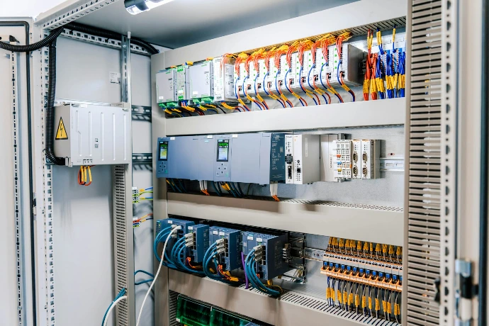 Open industrial electrical control panel with wires and modules.